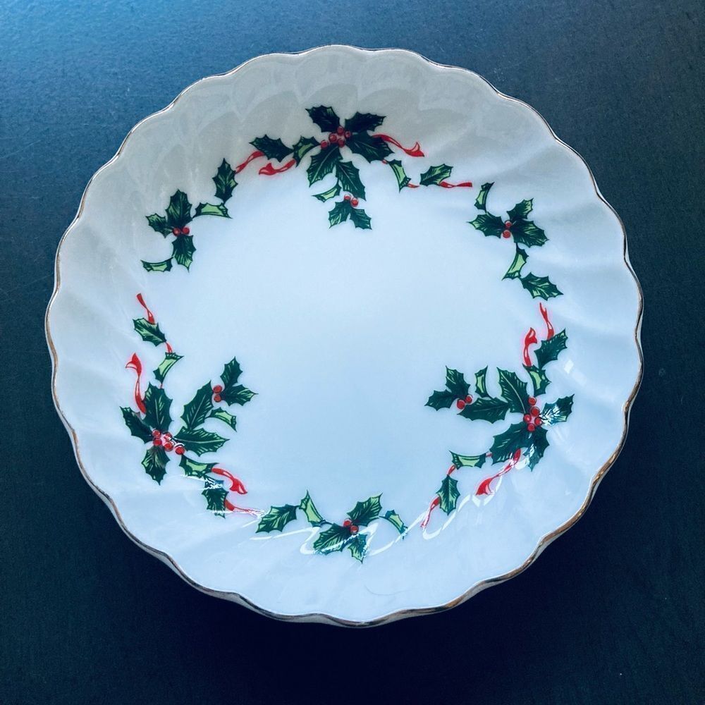 Vintage Christmas Holly Trinket Tray Dish